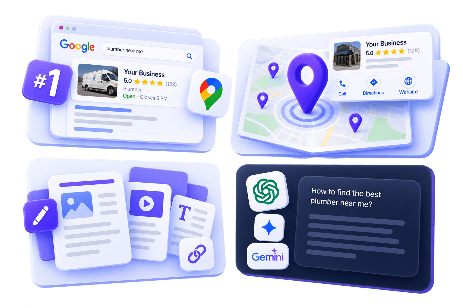 Local SEO system combining Google rankings, Maps visibility, optimized content and AI search answers
