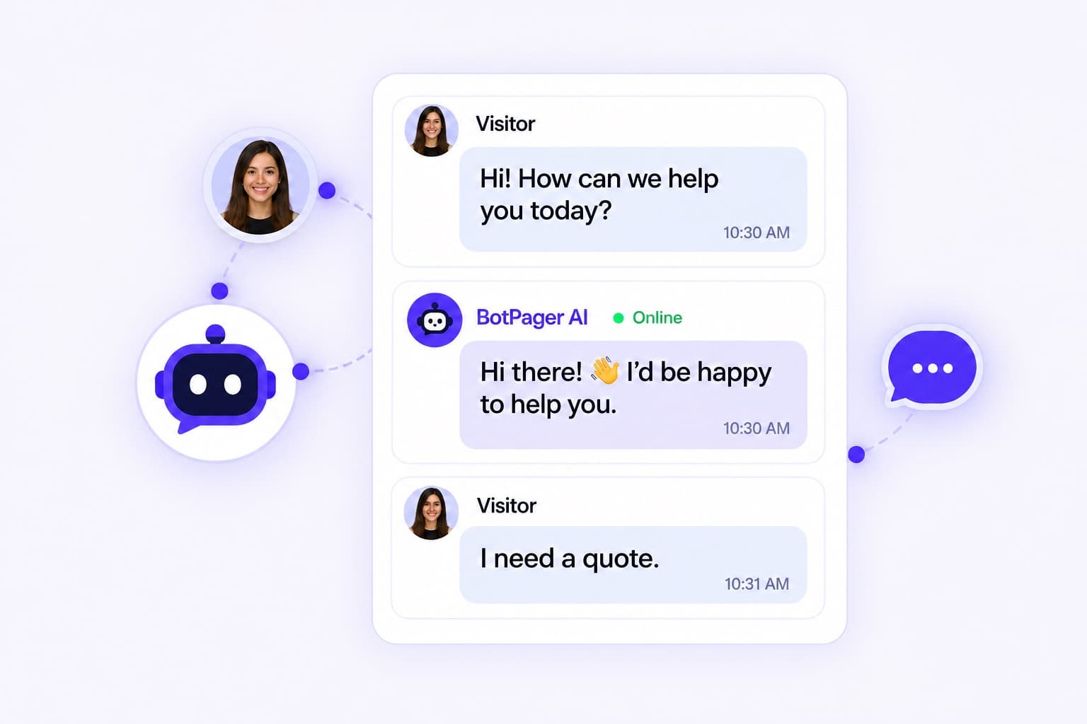 BotPager AI responding instantly to a visitor and capturing a quote request